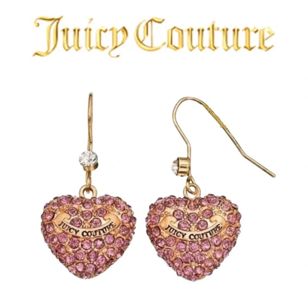 Juicy Couture Gold Tone Pink Crystal Heart Earrings - Picture 13 of 13